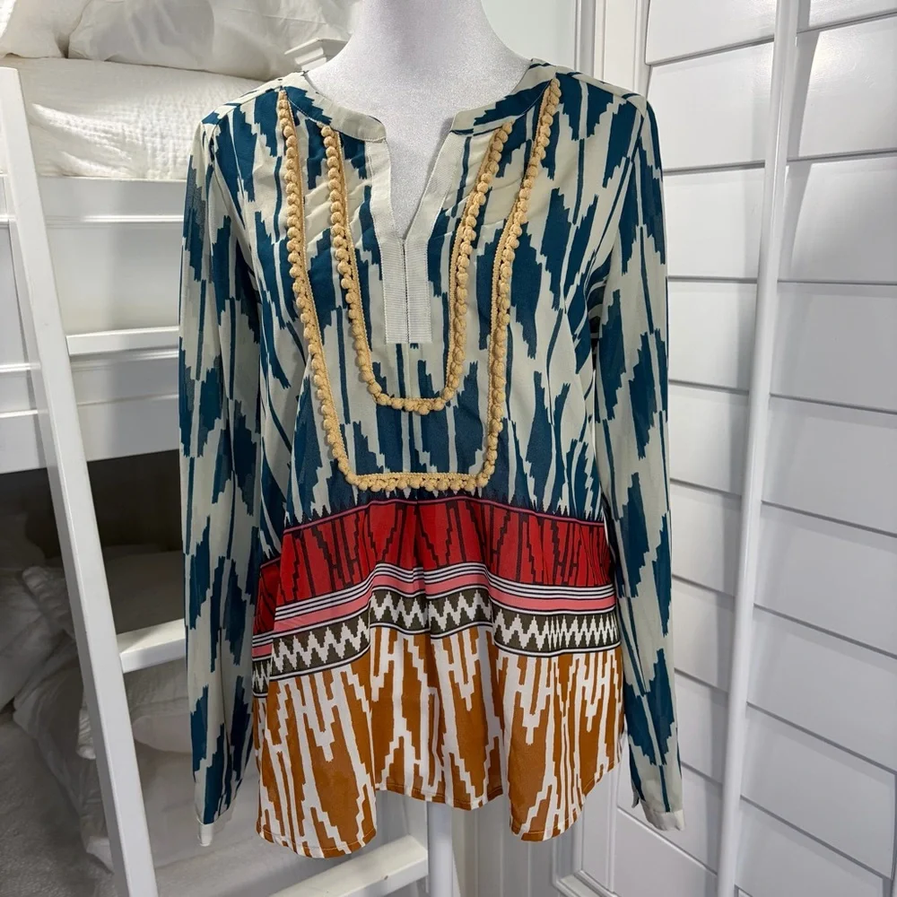 Maeve Anthropologie Rohana Embellished Henley Sheer Blouse (4) - Picture 3 of 7